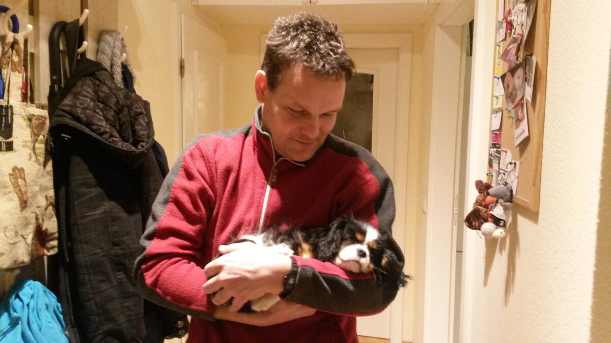 Ein kleiner Hund in den Armen eines Mannes