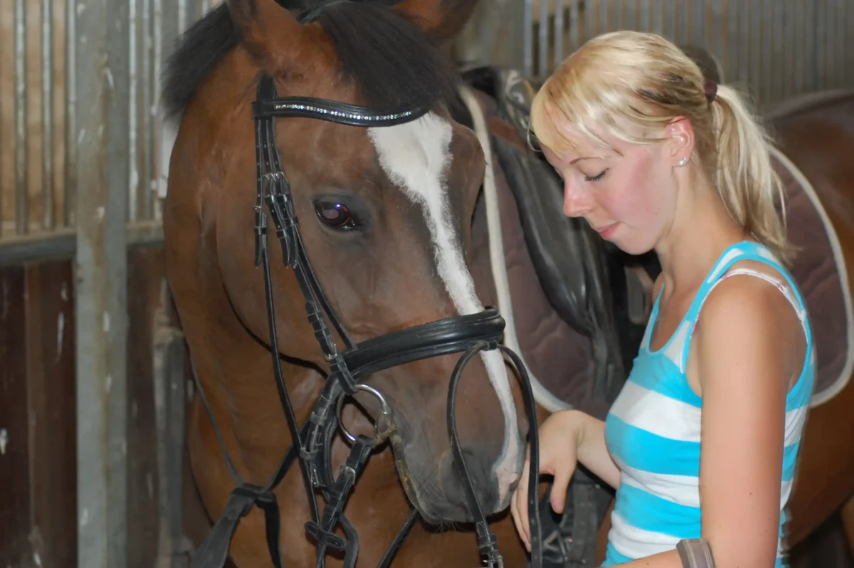 Eine junge Blonde Frau an einem Pferd