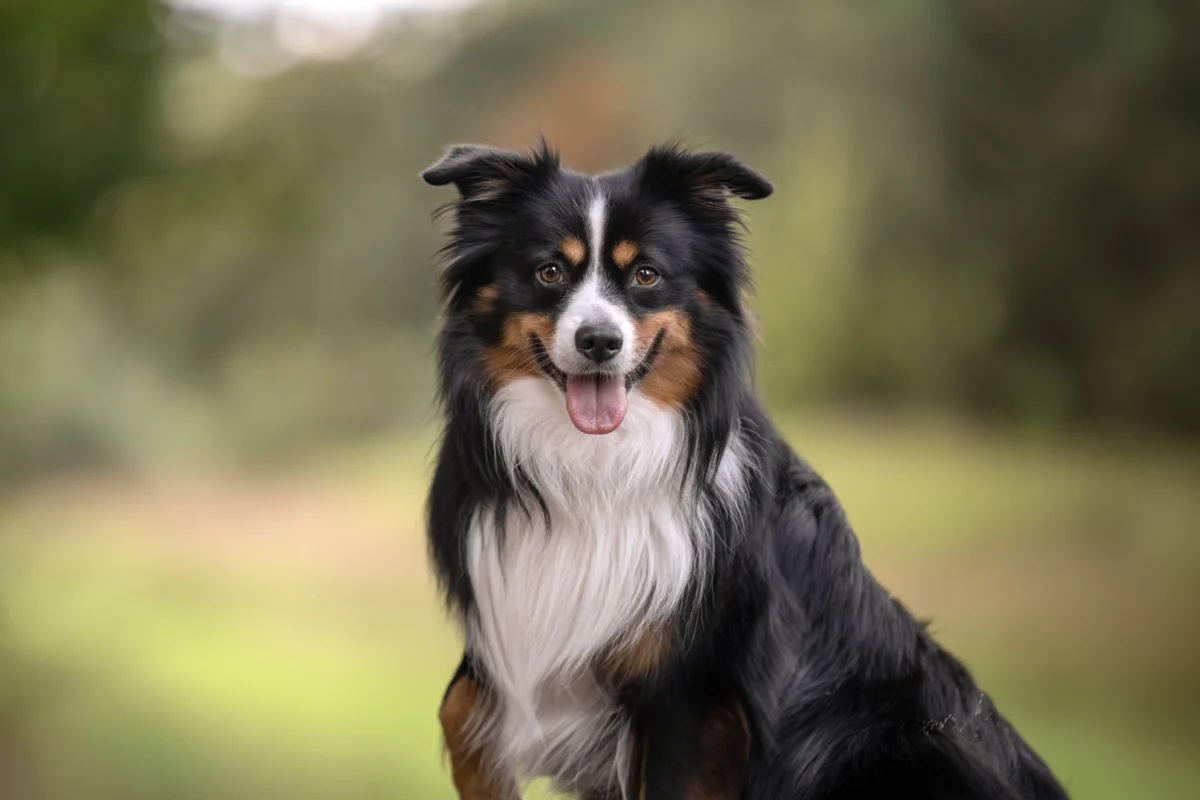 Ein junger dreifarbiger Hund im Portrait.
